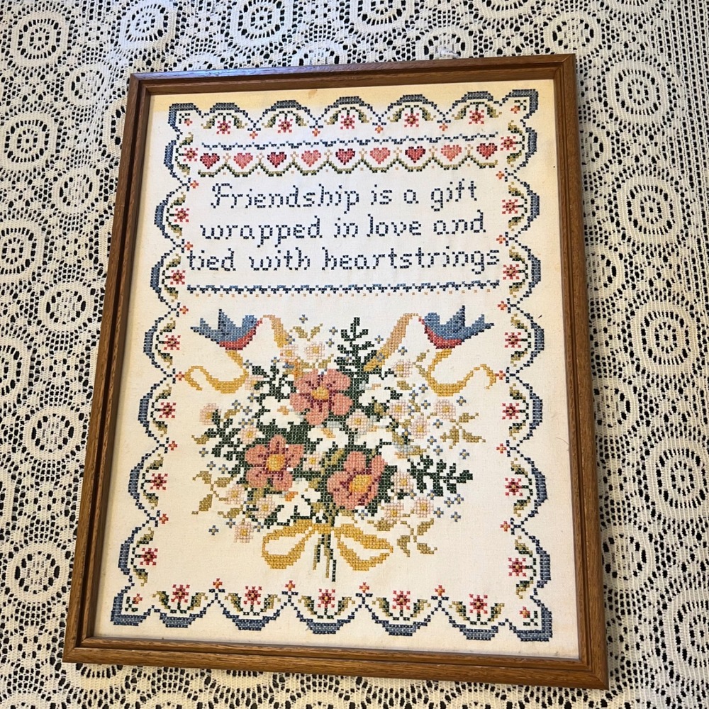 Framed Cross-Stitch No Glass | Friendship Is A Gift | Cottage Grandma
